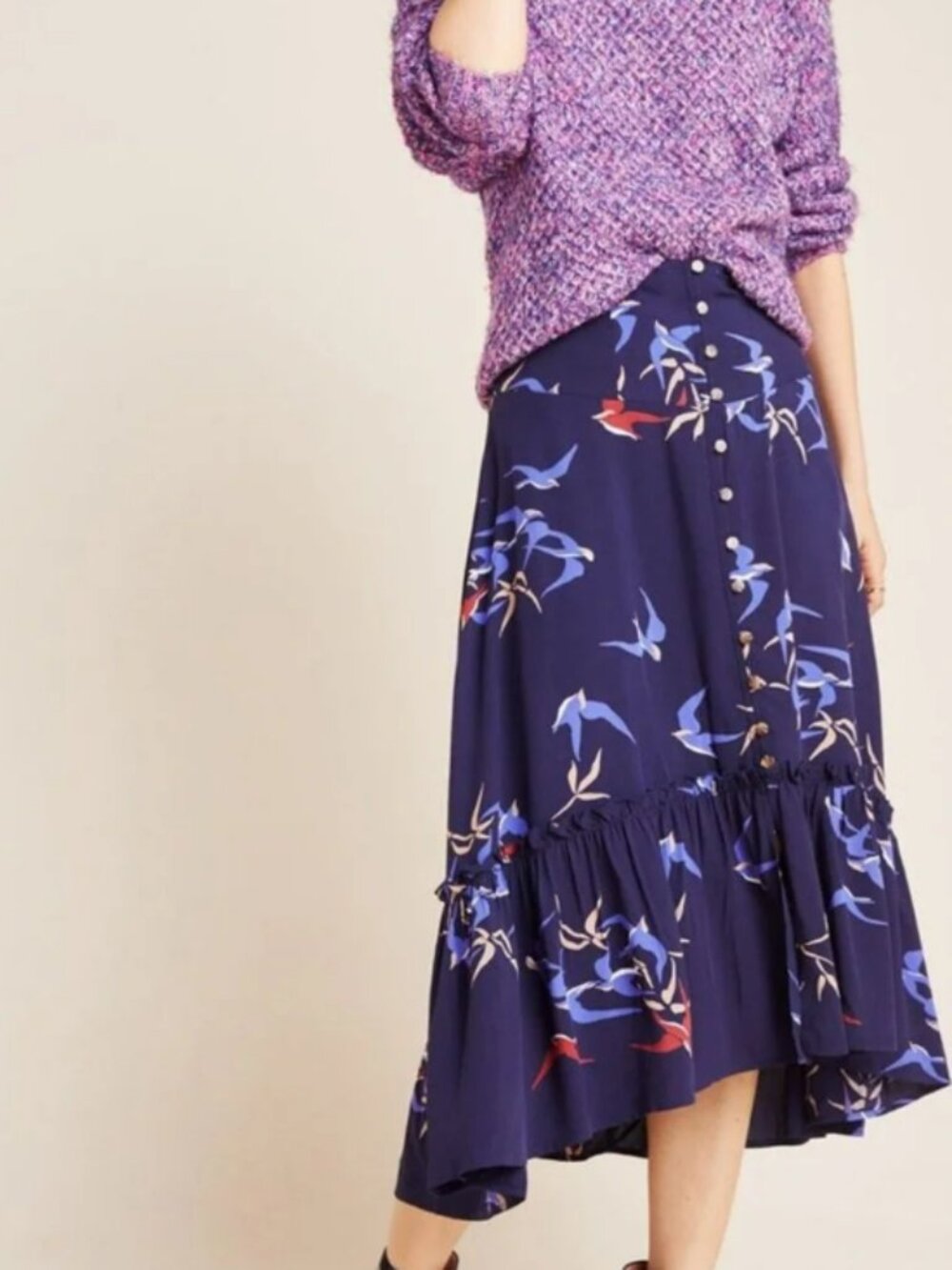 Anthropologie Maeve Merida Women’s  6 Birds Midi Skirt Rayon High-Low Whimsical